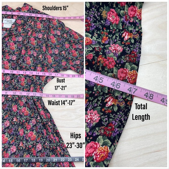 Vintage 1980s Black Ditsy Floral Fit and Flare Midi Day Dress - Picture 5 of 6